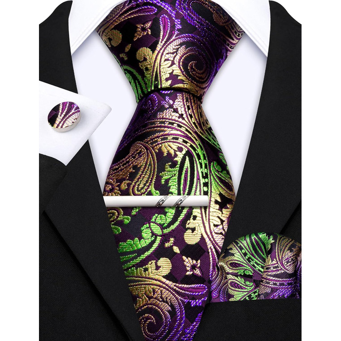 Краватка чоловіча Barry.Wang однотонна павлижий візерунок сатин з нагрудною хустинкою для весілля, золотисто-фіолетова