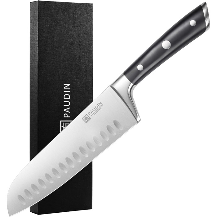 Кухонний ніж Santoku PAUDIN 17 см, професійний, японський стиль, з німецької високовуглецевої сталі, надгострий, довговічний, ергономічна ручка