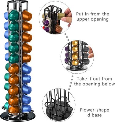 Підставка для капсул кави Frasheng, 40 капсул, чорна, з хромованої сталі, обертається, економія місця