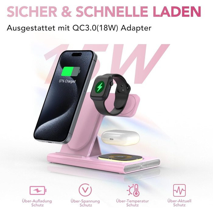 Бездротова зарядка Aimtel 3-в-1 з нічним світлом, сумісна з iPhone 17/17 Pro/17 Pro Max/17 Air та Apple Watch, для AirPods Pro