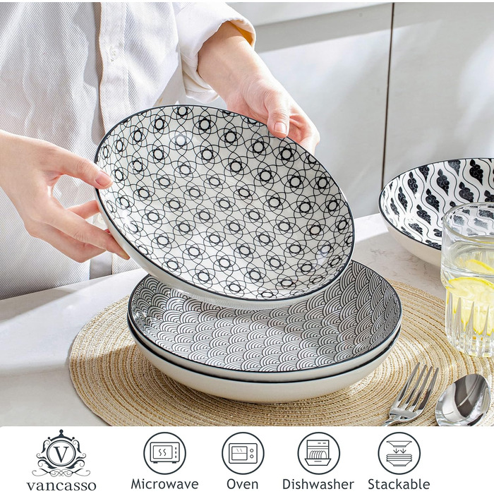 Набір супових тарілок Vancasso HARUKA, 4 шт., 1000 мл, чорний керамічний посуд