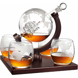 Crystal Whiskey Decanter Globe Set with 4 Glasses - Bourbon, Rum, Scotch Gift for Men, Dad, Him - Transparent Globe Decanter Set