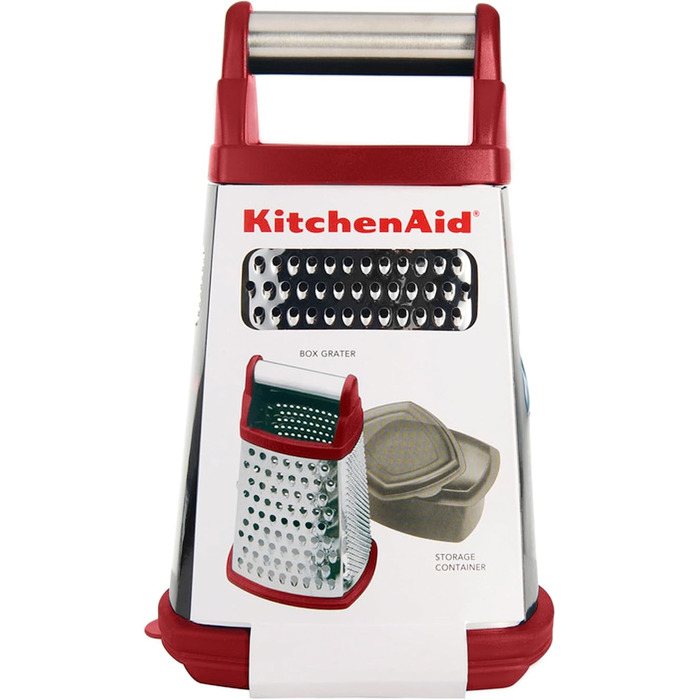 KitchenAid KN300OSERA Gourmet 4-Sided Stainless Steel Box Grater for Fine, Medium, and Coarse Shreds and Slices, Removable 3-Cup Storage Container and Measuring Marks, Dishwasher Safe, Empire