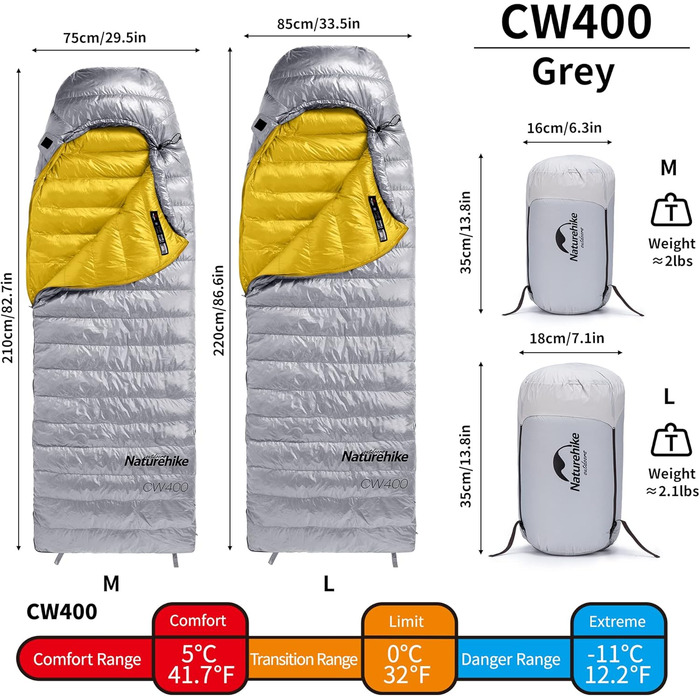 Спальний мішок Naturehike 4 сезони, зимовий, водовідштовхувальний, компактний, для кемпінгу, подорожей, відпочинку на природі (сірий M)