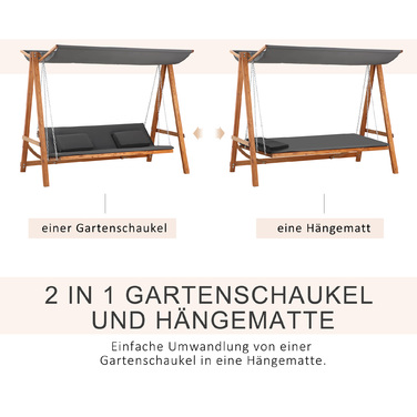 Outsunny 2-Seater Hollywood Swing with Bed Function, Garden Swing with Canopy, Wooden Garden Swing, 225.5 x 113 x 180 cm, Grey, Teak