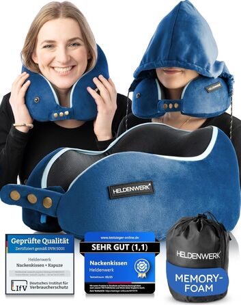 Подушка для шиї Comfy від HELDENWERK: Memory Foam, 6-позиційний регулятор, для подорожей літаком/автомобілем, дихаюча, миється, Navy Blue