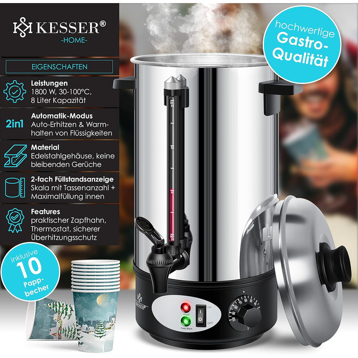 KESSER® Mulled Wine Boiler 8L Stainless Steel Incl. 10 Cups Mulled Wine Cooker with Thermostat Mulled Wine Dispenser Hot Beverage Dispenser Water Boiler Hot Water Dispenser Canning Device Level Indicator Tap Silver