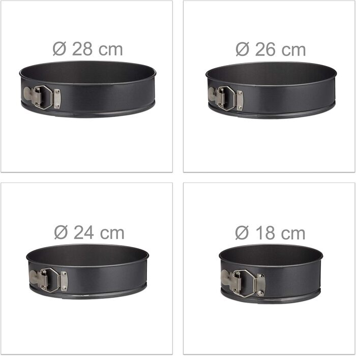 Набір форм для випічки Relaxdays, 4 шт., Ø 18/24/26/28 см, з антипригарним покриттям, до 220 °C, круглі, сірі