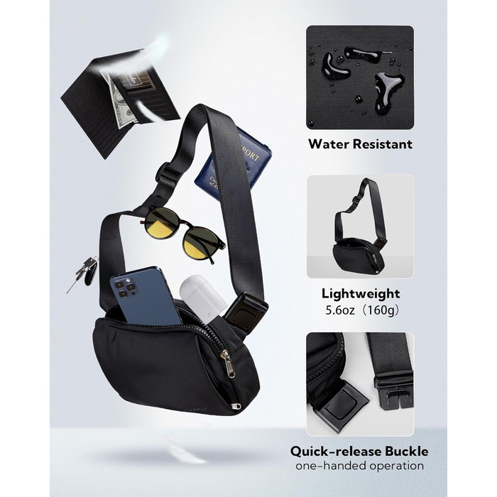 WATERFLY Поясна сумка на пояс для чоловіків та жінок: Стильна нагрудна сумка для спорту та моди, через плече, водонепроникна, маленька сумка на стегно для активного відпочинку, подорожей, походу, фестивалю, чорна