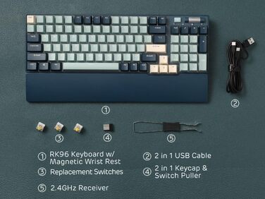 Механічна клавіатура RK ROYAL KLUDGE RK96 RGB Limited Ed: 96 клавіш, 90% layout, Bluetooth 5.0/2.4G/USB-C, Hot-Swap, RGB підсвітка, RK Yellow Switch, Wald Blau, QWERTY