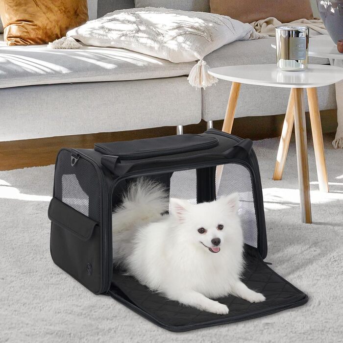 Транспортна переноска для котів та собак Petsfit, чорна, 47.5L x 33B x 33H см, з м'яким розкладним килимком та плечовим ременем