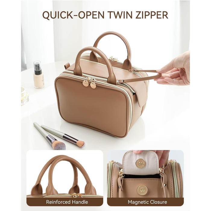 Косметичка для макіяжу велика містка з водонепроникним покриттям та ручкою (Колір: Коричневий, Комплект L-Full)