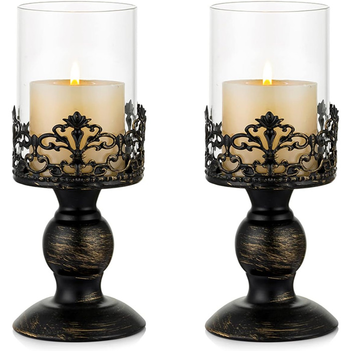 Sziqiqi Candle Holders Set Vintage Distressed Black Hurricane Candle Holders 2 Pieces, for Pillar Candles Wedding Party Home Decoration Fireplace Mantel Decoration 27cm & 33cm (2 Pieces Small, Black)