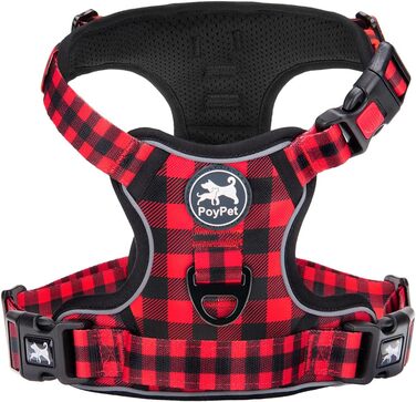 Нашийник для собак PoyPet без обмежень, світловідбиваючий, м'який, з простим закриттям, для маленьких собак (S, в клітинку, червоний)