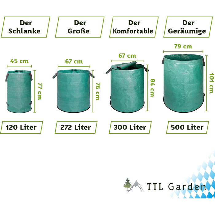Садові мішки TTL Garden 272 л, 6 шт, посилене дно, самостійно стоять, 4 ручки, 150 г/м², великі та міцні, для трави, листя, гілок і садового сміття