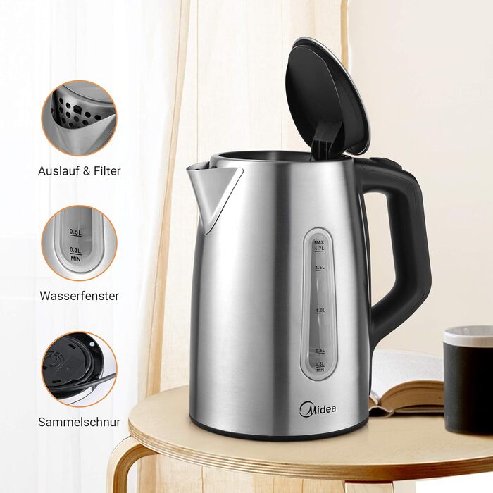 Midea 1.7L Electric Kettle - Stainless Steel, Fast Boil, LED Display, 360° Base, Boil Dry Protection