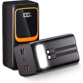 Портативний зарядний пристрій Power Bank 50000 mAh з вбудованим кабелем: швидка зарядка 22,5W, велика ємність, LED-ліхтарик, 7 виходів & 3 входи, чорний