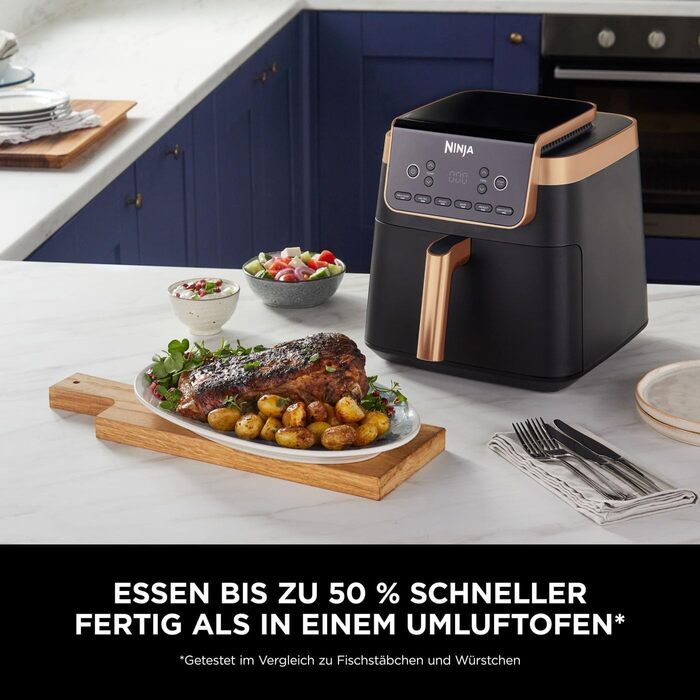 Ninja Air Fryer MAX PRO, 6.2 L, Oil-Free, Large Drawer, Roasting, Baking, Air Fry, Non-Stick Coated, Dishwasher-Safe Basket & Crisper Grate Insert, Silicone Tongs, Black/Copper, AF180EUCP Single 6.2L Copper/Black