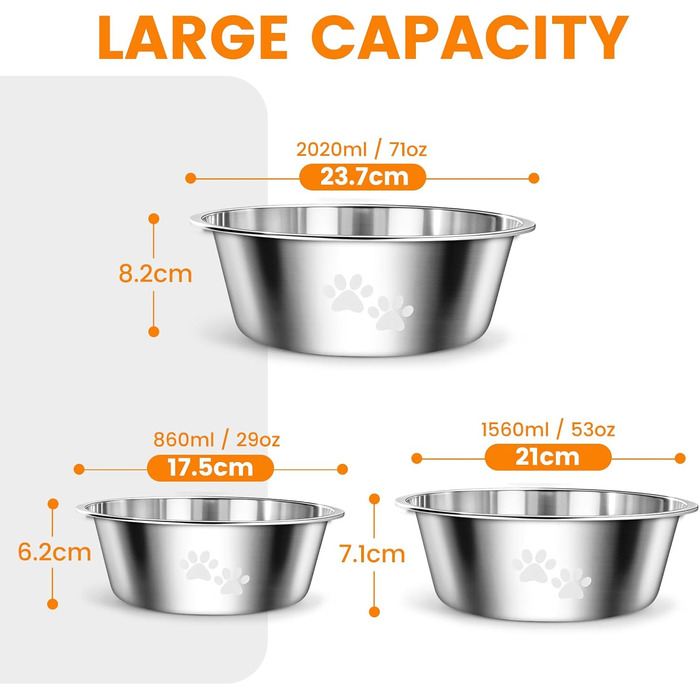 PETTOM Миски для собак з нержавіючої сталі, 2 шт. (3120 мл), миска для корму для собак великих, середніх та маленьких порід, миска для води з неслизьким силіконовим дном, розмір M - 21 см, срібний колір