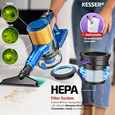 Бездротовий акумуляторний пилосос KESSER® з LED-дисплеєм, до 60 хв роботи, тихий, без мішка, з антинамотувальною насадкою, HEPA-фільтр, аромадиск (Синій/Золотий)