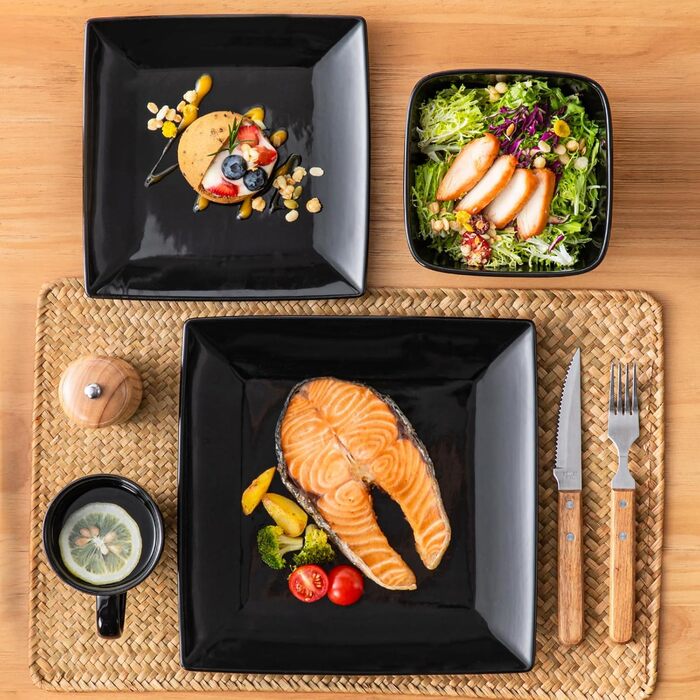 Vancasso Dinnerware Set, 24 Piece Stoneware SOHO Square Dish Set for 6 People, Combination Set, Square 24 Piece Black