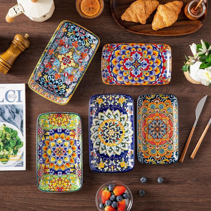Vancasso Serving Plates, Porcelain, SIMI Rectangular Plate Set, 6-Piece Bohemian Dinner Plates, Dessert Plates for 6 People, 24.7 x 14.2 x H 3.1cm