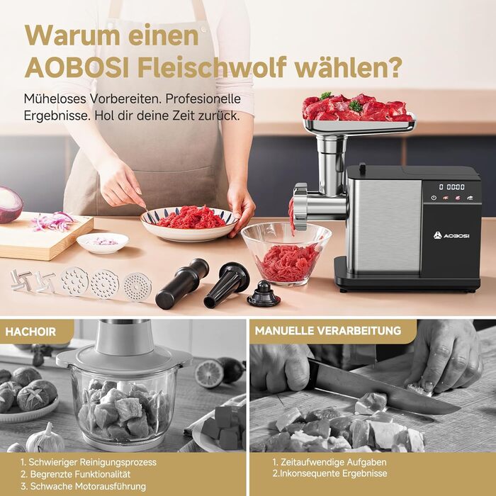 AAOBOSI Electric Meat Grinder - 3000W, LED Display, 3 Speeds, Anti-Clogging, Sausage Maker & Kibbeh Maker - Stainless Steel for Home Use