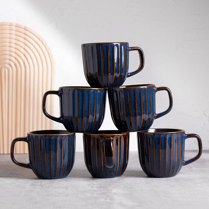 Набір кавових чашок 6 шт., 320 мл, порцеляна, з ручкою, блакитні - для еспресо, капучино