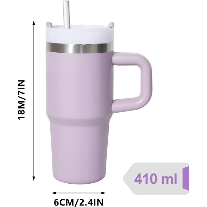 Термокружка ZAKVOP 410мл з трубочкою, кришкою та ручкою. Ізольована термокружка для кави та напоїв на виніс (світло-фіолетовий)