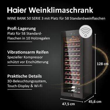 Haier 50 Series 3 Wine Refrigerator - 34 Bottle Wine Cooler with UV Glass Door, 5 Shelves, Wi-Fi & Touch Display, Vibration-Free Storage