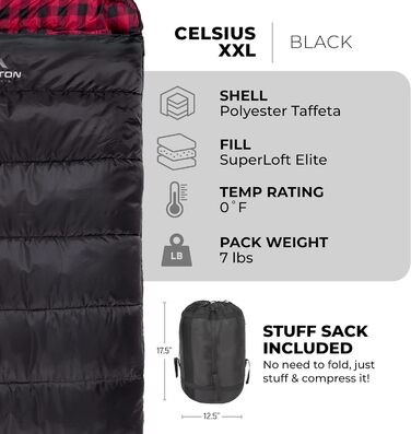 Сплячий мішок TETON Sports Celsius XXL; Великий для сімейного кемпінгу; Безкоштовний компресійний мішок, Чорний