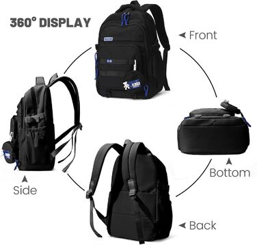 Шкільний рюкзак для дівчаток-підлітків, водонепроникний, легкий, великої місткості, модний, для школи або подорожей (чорний)