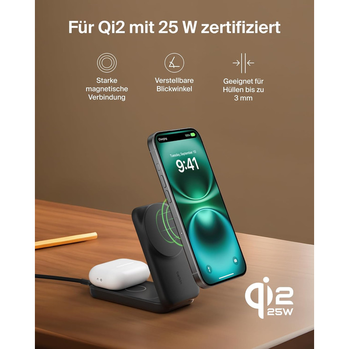 Belkin UltraCharge Qi 2.2 Зарядна станція 2-в-1 25W MagSafe сумісна, бездротова зарядка для iPhone 17, iPhone Air, AirPods, Pixel – Чорний