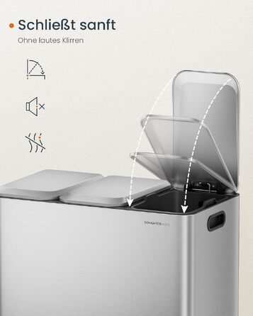 Сміттєвий відер SONGMICS HOME POPNEX LTB740B02 для кухні, система сортування сміття з 3 відсіками по 15 л, сталевий, сріблястий