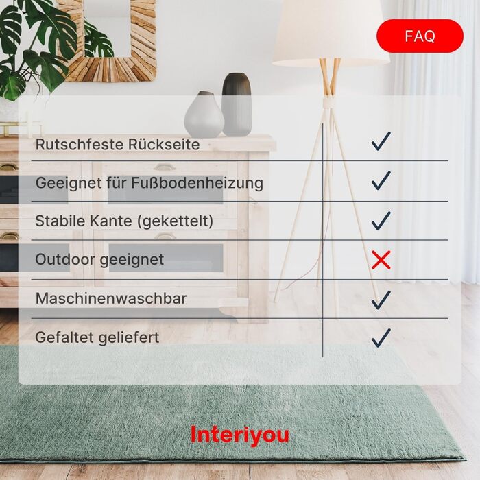 Килимок для вітальні Interiyou Fargo 80x150 см - короткий ворс, миючий, неслизький, штучне хутро, м'який ворс (зелений)