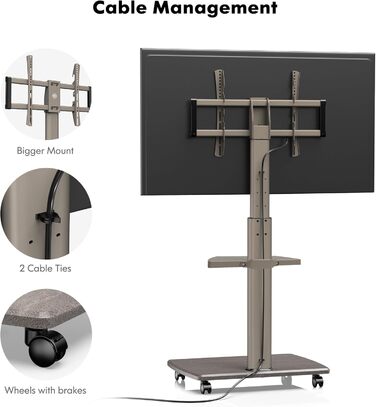 FITUEYES Rolling TV Stand with Wood Shelf - Adjustable Height & Swivel - Fits 32-70 inch TVs up to 40kg, VESA 400x600 - White (Khaki)