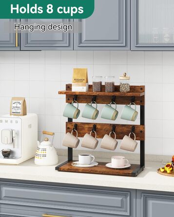 Vintage Mug Holder with 8 Hooks, Coffee Cup Holder for Kitchen Countertop, Cup Stand with Storage Bottom, for Kitchen Dining Room Cafe 40 x 15 x 40 cm, Vintage Brown TBJ002H