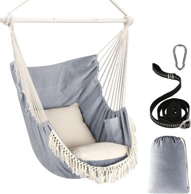 Chihee Hanging Chair Hanging Swing Maximum 500 lbs Includes 2 Cushions Steel Spreader Bar with Anti-Slip Grooves Portable Hanging Chair Side Pocket Large Macrame Bohemian Chair Indoor Outdoor