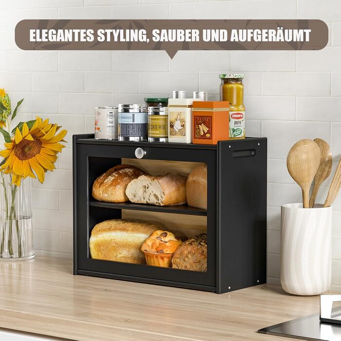 Бротокса Bambus: Бротокса для зберігання хліба з вентиляцією, 2 полиці та велике оглядове вікно, дерев'яний контейнер для хліба, безпечний для харчових продуктів, легкий у догляді, чорний (HX-10336)