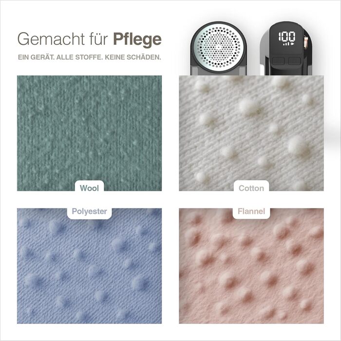 Портентум Фусселрасйер: Електричний видалення ворсу з LED-підсвіткою, 3 режими, 9000 об/хв, 6-клинковий насадка, USB-C, 15W для одягу та дому