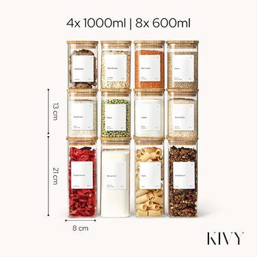 Скляні контейнери для зберігання KIVY, 12 шт. - кутові, з кришкою, бамбук