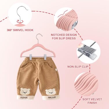 24 шт. велюрові дитячі вішалки для одягу з кліпсами, рожеві - стандартний гачок