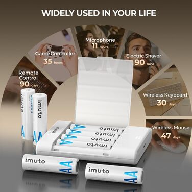 Imuto Акумулятори Li-Ion AA 2500mAh, 8 шт. з зарядним пристроєм, 1.5V, 1600+ циклів, низький саморозряд, 4CH8AA-2500DE