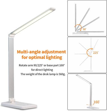 LED лампа для столу LQWELL® з регулюванням яскравості, метал, 5 кольорів, 10 рівнів, USB-зарядка, сенсорне керування, пам'ять, для дітей, офісу, білого кольору (QM019)