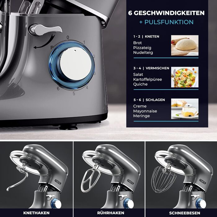 Fentic 2000W Stand Mixer - Stainless Steel Bowl (6.2L) - Kitchen Machine with Dough Hook, Beater, Whisk & Splash Guard - Includes Accessories - Anthracite