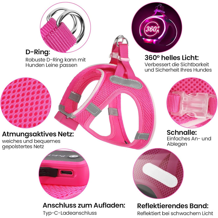 Світловідбиваючий нашийник для собак PcEoTllar з LED підсвічуванням, рожевий (3 режими)