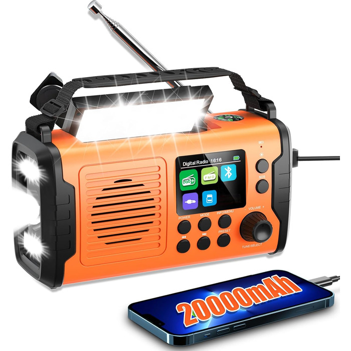 Радіо Kurbelradio з сонячною панеллю та живленням від ручки, 20000mAh, DAB/DAB+/FM, Bluetooth 5.3, Powerbank, SOS, ліхтарик, компас, AUX, TF картка, LED-лампа, помаранчеве