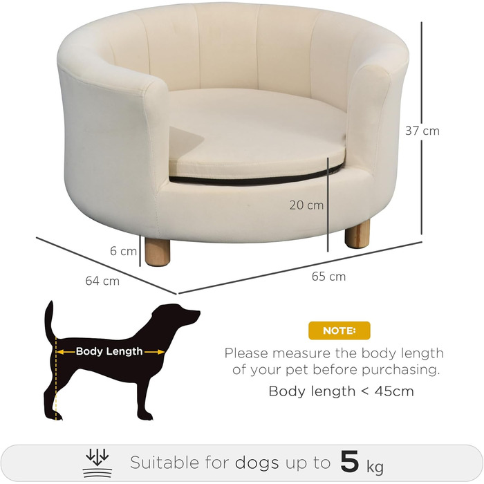 PawHut Софа для собак з підголівником та знімним подушкою, для дому, 65x64x37 см, кремовий колір