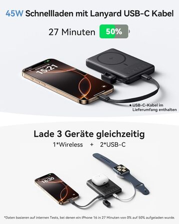 Power Bank Magsafe INIU, Qi2, 45W, 10000mAh, з кабелем USB-C та підставкою, для iPhone 17/16/15/14/13 (Blu)