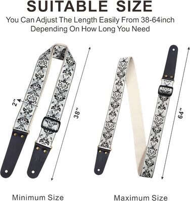 Гітарний ремінь Vintage з вишивкою з бавовни з кінцями з натуральної шкіри для бас-гітари, електро- та акустичної гітари, з безкоштовними кнопками для ремінця, 1 пара замків для ремінця та 4 медіатори D# - Біла квітка
